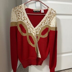 Dana Scott Red and Gold V-Neck Sweater